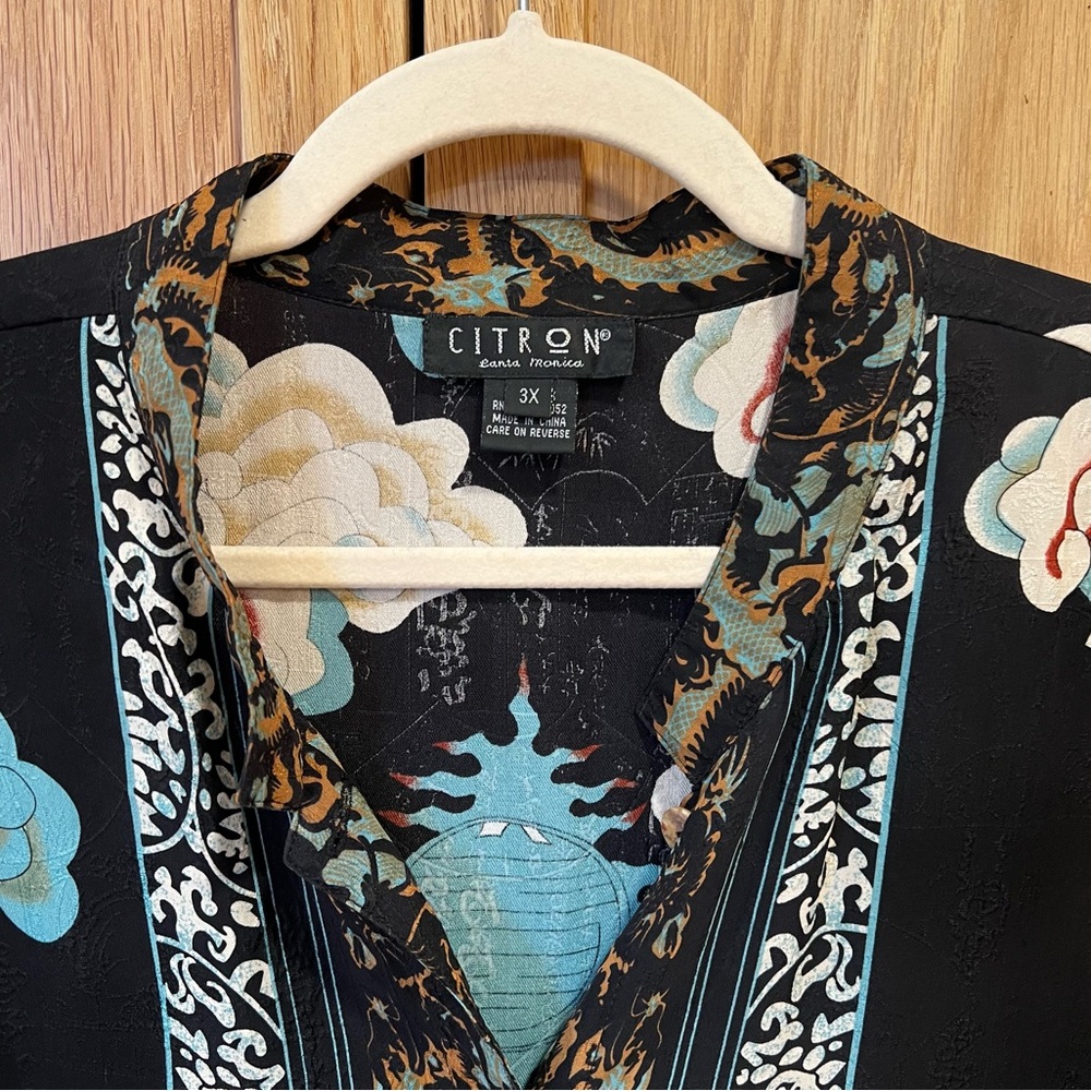 Citron Santa Monica Dragon Print Silk Blouse Top Black Size 3X Chinese Oriental - Picture 3 of 8